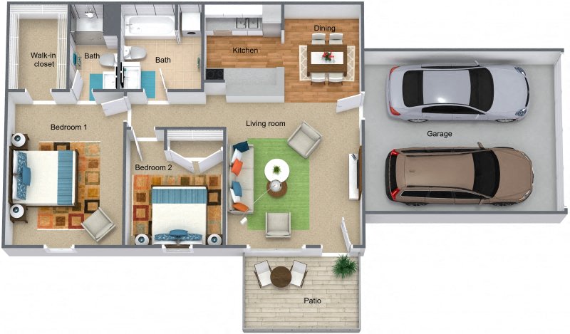 Floor plan for 2 beds, 2 baths, 936 sqft